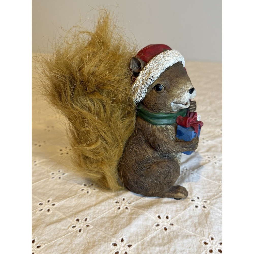 Holiday Squirrel Figure 5" – Santa Hat & Gift – Faux Fur Tail – Christmas‎ Decor - Picture 2 of 7